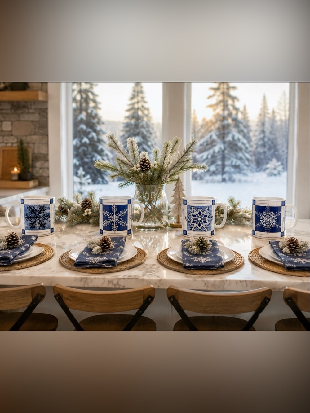 SAKURA WINTER FROST LARGE COFFEE MUGS Set of 4 SNOWFLAKE BLUE & WHITE Mugs